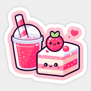 Kawaii Style Cute Strawberry Cake and Drink | Cutesy Design for Kawaii Food Lovers Sticker